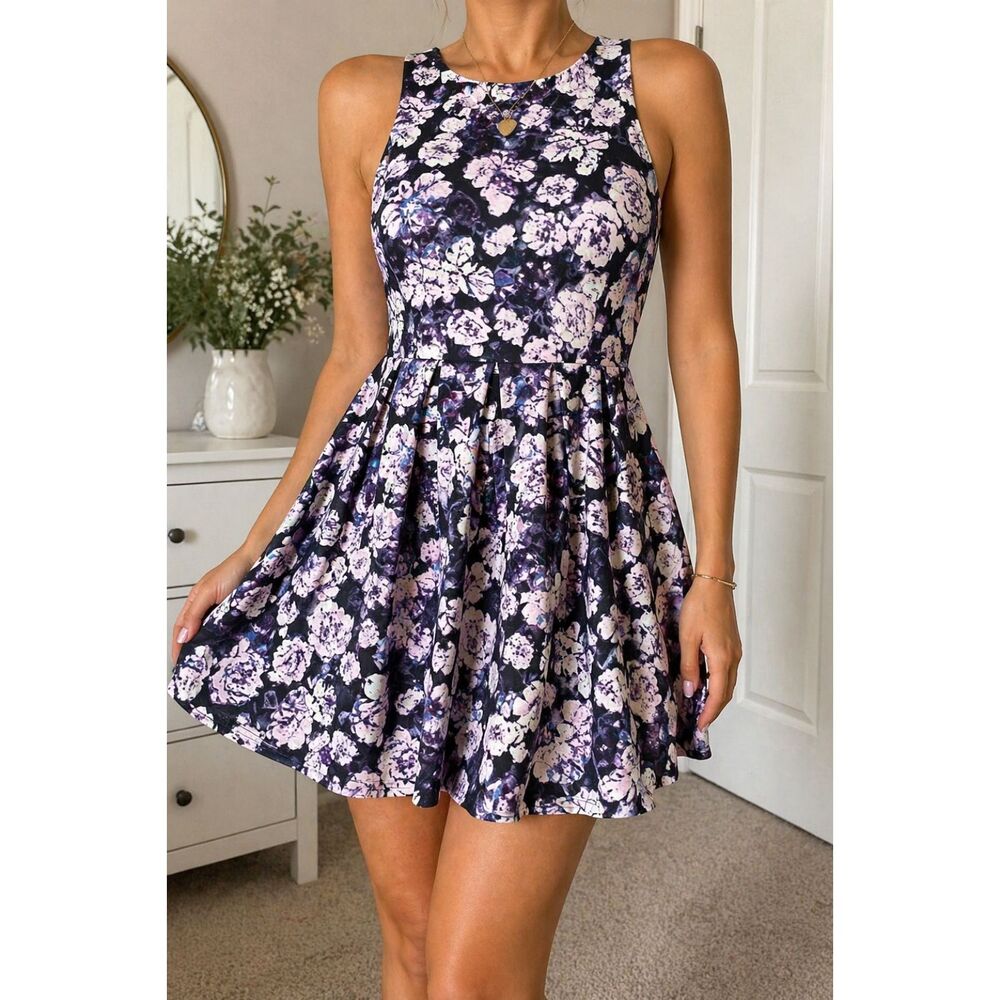 Xhilaration Black Pink Floral Skater Dress Fit Flare Sleeveless M